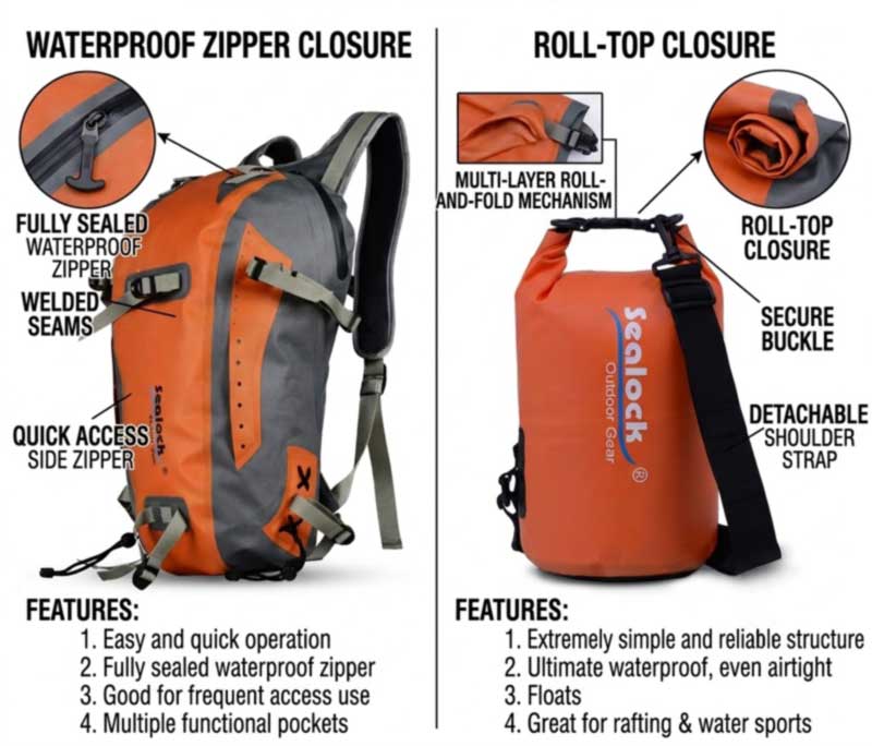 Tas Berkemah Ritsleting Roll Top vs Tahan Air untuk Proyek OEM