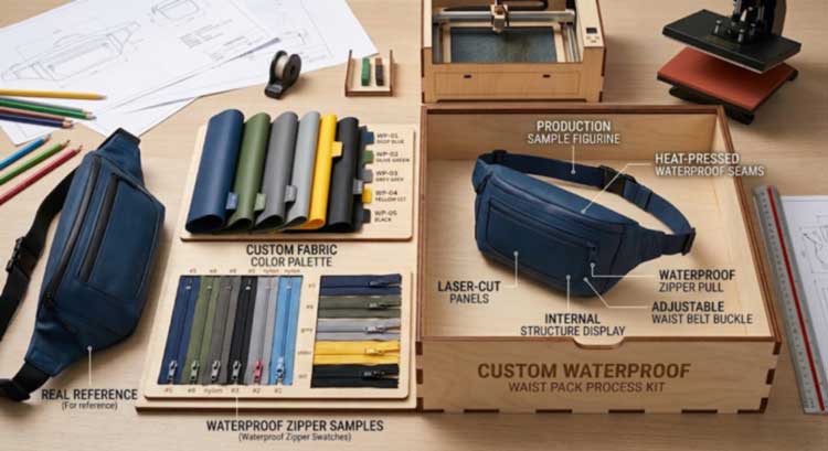 Custom waterproof waist pack tech pack with fabric swatches zipper samples and a sample pack
