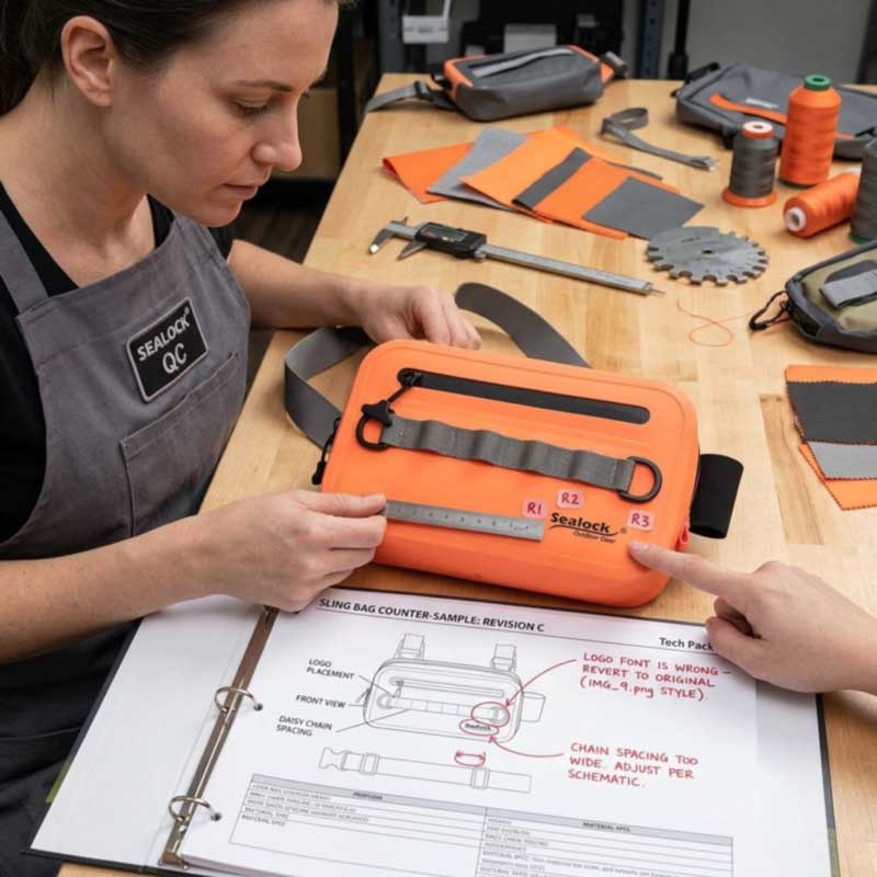 Technician reviewing a sling bag counter-sample against the tech pack with revision notes