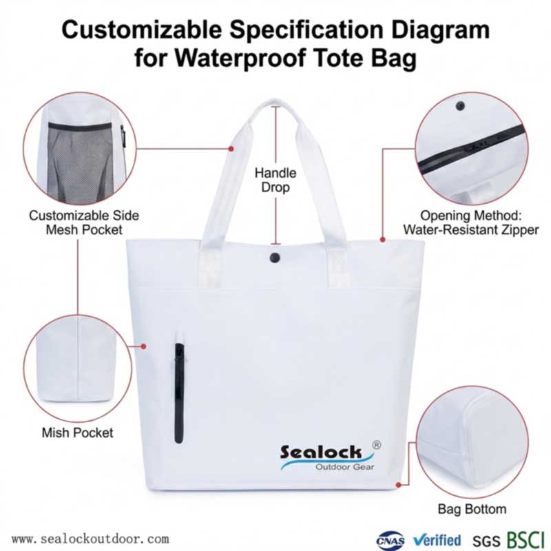 Waterproof tote bag customization spec diagram showing gusset, handle drop, closure and base