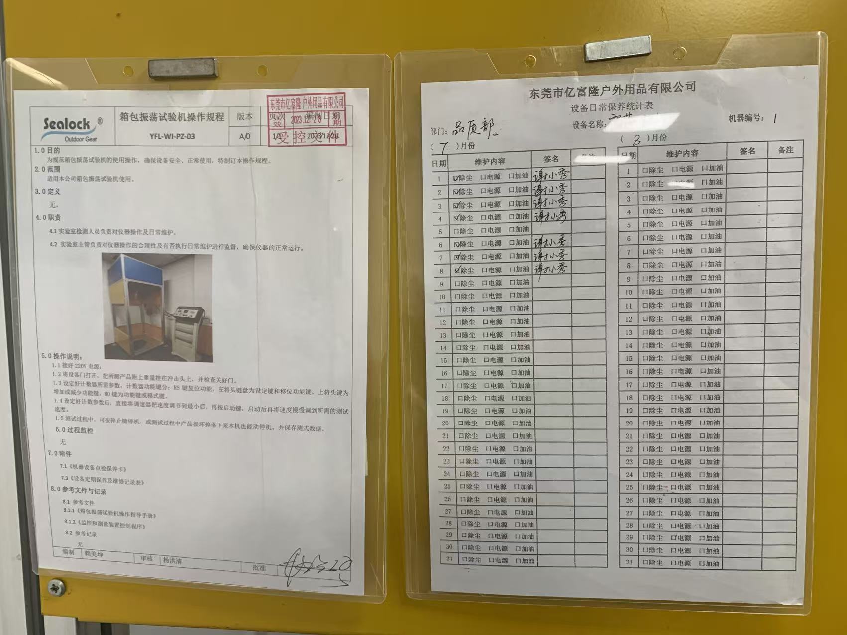 Controlled operating procedure YFL-WI-PZ-03 and daily equipment maintenance log posted on the machine